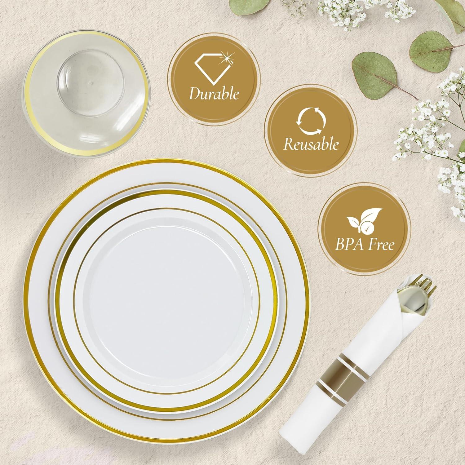image:imageReli Plastic Plates for Party 210 Pieces White wGold Rim Plates and Napkins Party Supplies Disposable Dinnerware Set for 30 Guests Dinner amp Dessert Pack PreRolled Gold Cutlery Set Cups