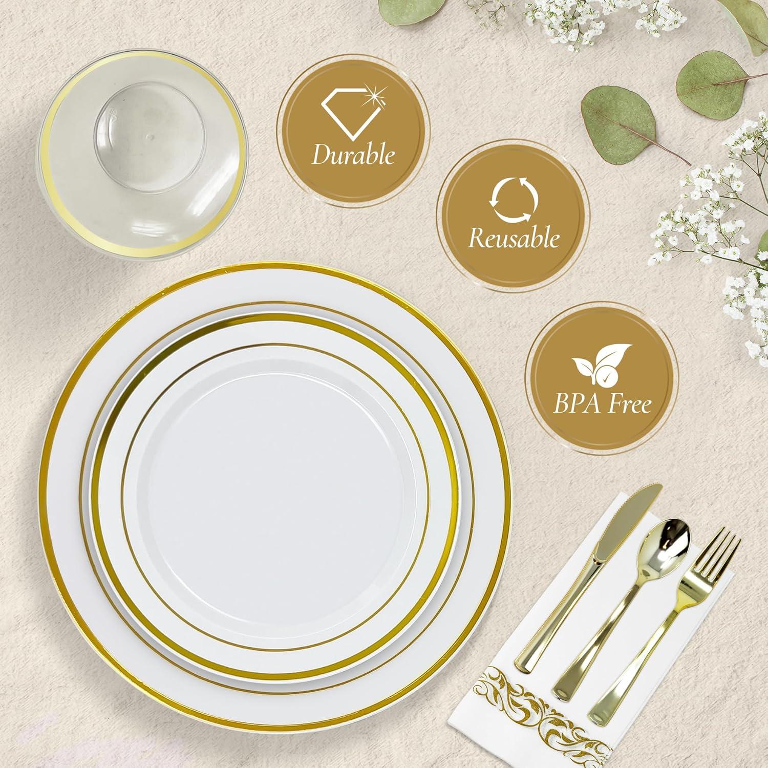 image:imageReli Plastic Plates for Party 210 Pieces White wGold Rim Plates and Napkins Party Supplies Disposable Dinnerware Set for 30 Guests Dinner amp Dessert Pack Gold Cutlery Set Napkins Cups