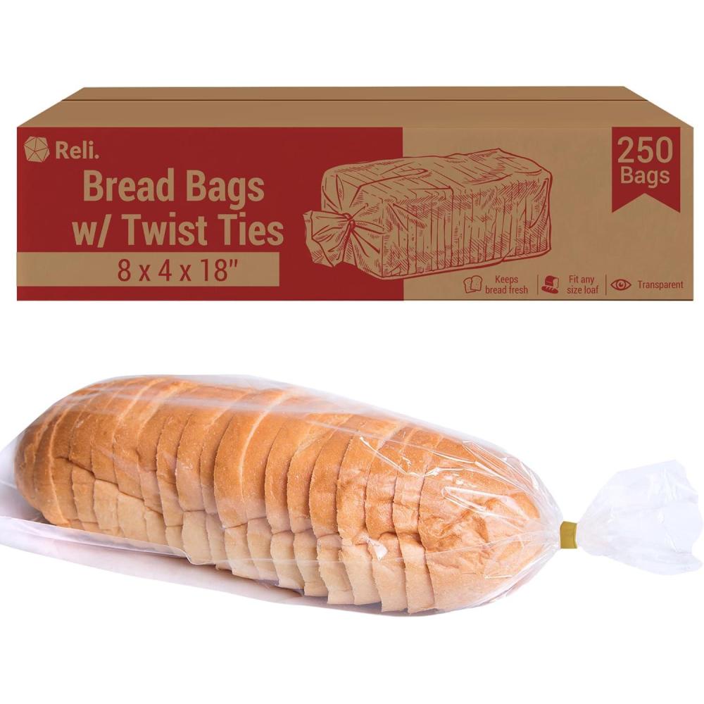 image:imageReli Bread Bags with Ties 8 x 4 x 18 250 Pack 250 Twist Ties Bulk Bags for Homemade Bread Bakery Loaf Packing Clear Large