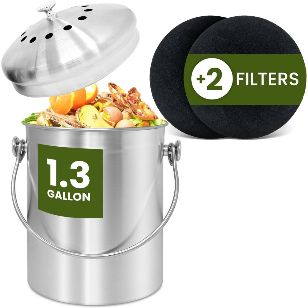 image:imageReli Countertop Compost Bin with Lid 13 Gallon  Compost Bin Kitchen  2 Charcoal Filters  Countertop Composting Bucket Stainless Steel  Food Waste Composting  Ergonomic Handle Odorless