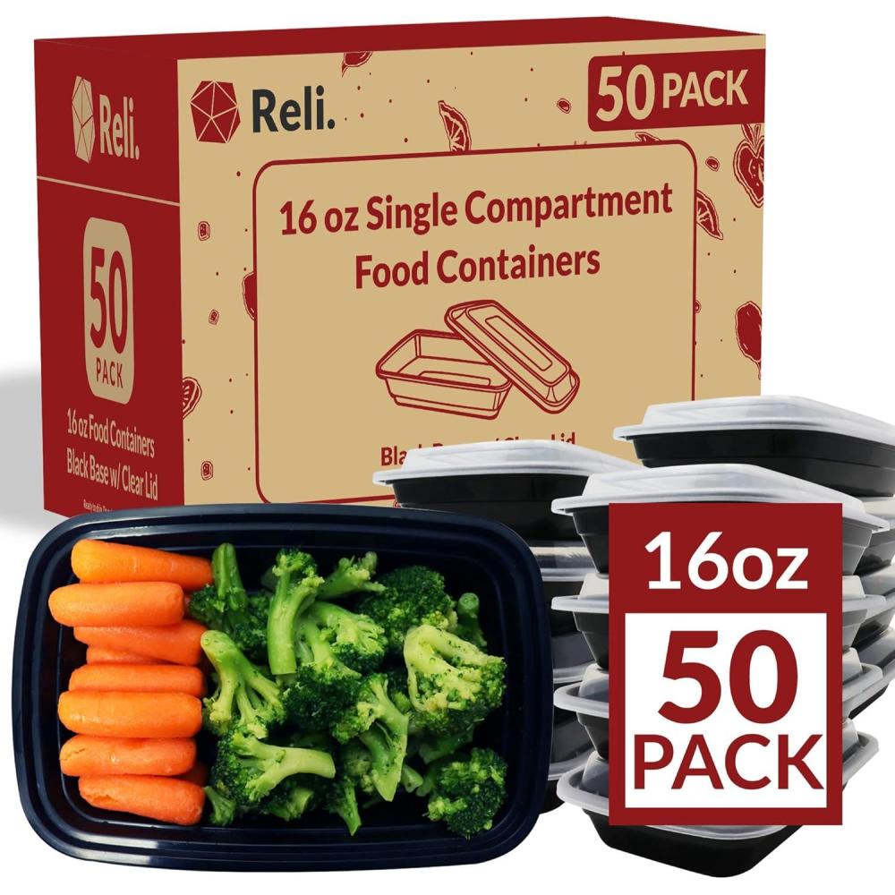 image:imageReli Meal Prep Containers 16 oz 50 Pack 1 Compartment Food Container wLids Microwavable Food Storage ContainersTo Go Black Reusable Bento BoxLunch Box for Meal Prep