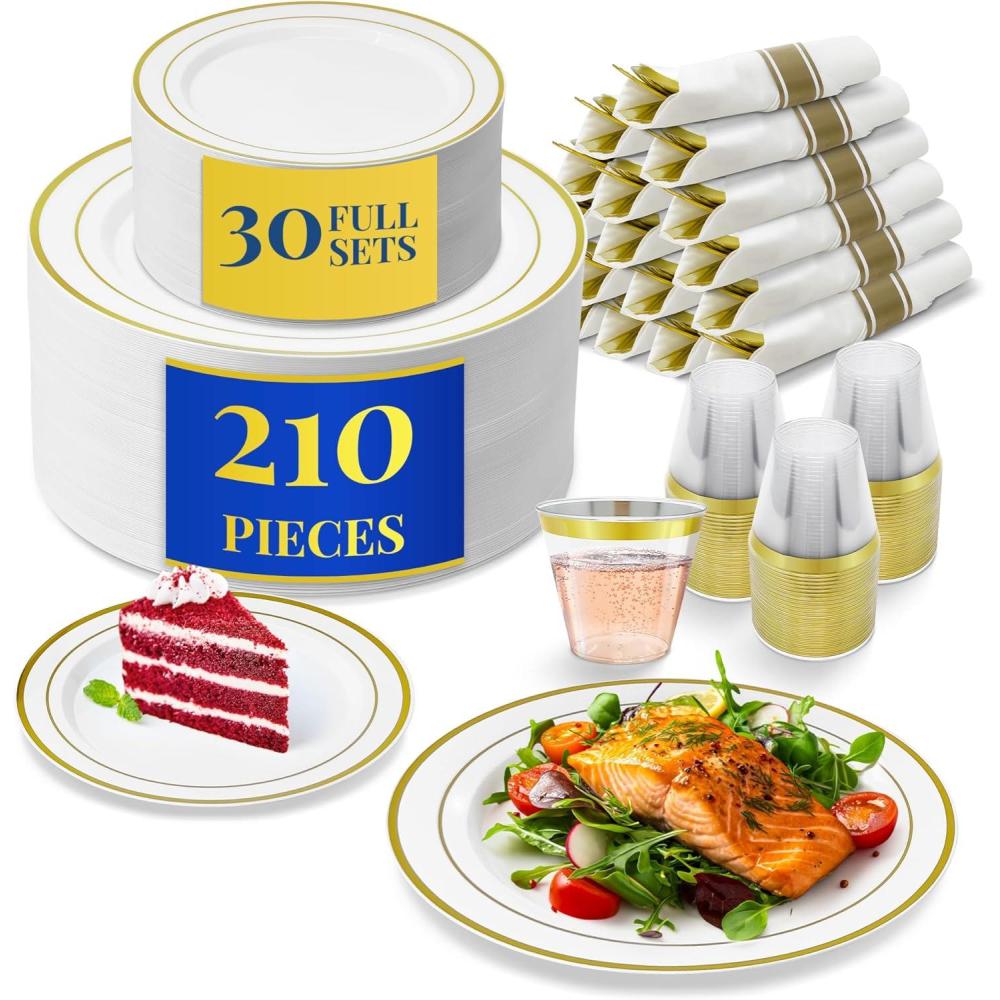 image:imageReli Plastic Plates for Party  210 Pieces  White wGold Rim  Plates and Napkins Party Supplies  Disposable Dinnerware Set for 30 Guests  Dinner amp Dessert Pack PreRolled Gold Cutlery Set Cups