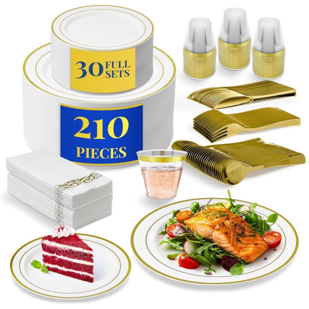 image:imageReli Plastic Plates for Party  210 Pieces  White wGold Rim  Plates and Napkins Party Supplies  Disposable Dinnerware Set for 30 Guests  Dinner amp Dessert Pack Gold Cutlery Set Napkins Cups