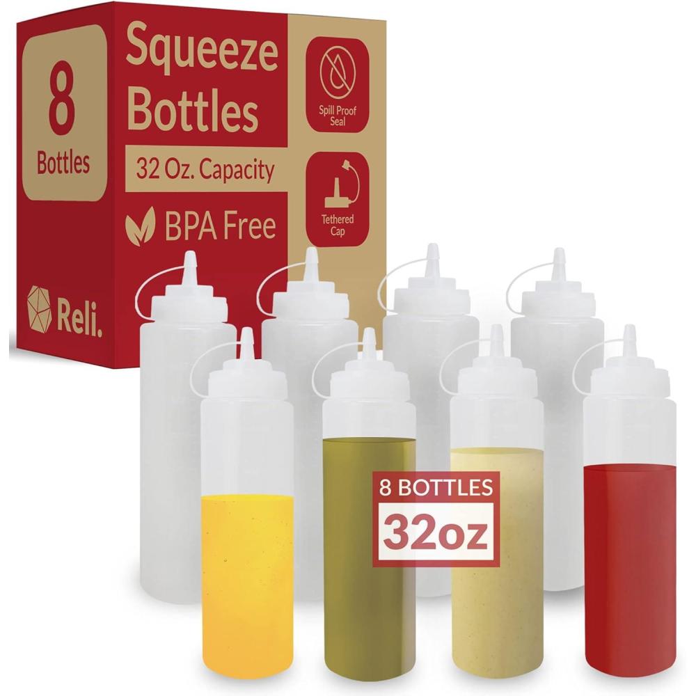 image:imageReli Plastic Squeeze Bottles 32 oz  8 Pack  Condiment Squeeze Bottles for Sauces  Clear wTethered Caps  32 Ounce Hot Sauce Ketchup  Condiments Olive Oil Liquids8