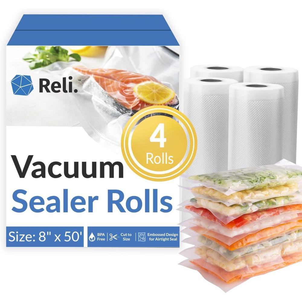 image:imageReli Vacuum Sealer Bags 4 Rolls of 8x50 4 Rolls Bulk 200ft Total Vacuum Sealer 8inx50ft for Food BPA Free Cut to Size Food Sealing Bags for Sous Vide Storage Meal Prep Clear