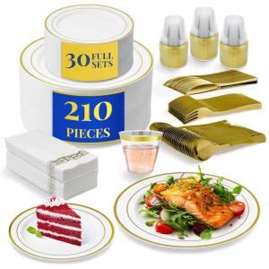 Reli. Plastic Plates for Party | 210 Pieces | White w/Gold Rim | Plates and Napkins Party Supplies | Disposable Dinnerware Set for 30 Guests | Dinner & Dessert Pack, Gold Cutlery Set, Napkins, Cups